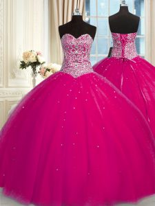 Halter Top Sleeveless Tulle Floor Length Lace Up Ball Gown Prom Dress in Fuchsia with Beading and Sequins