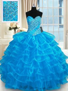 Simple Floor Length Blue 15th Birthday Dress Organza Sleeveless Beading and Ruffled Layers