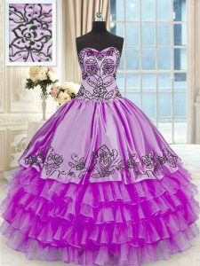 Purple Lace Up Sweetheart Beading and Embroidery and Ruffled Layers Ball Gown Prom Dress Organza and Taffeta Sleeveless