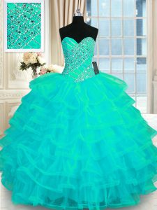 Sweetheart Sleeveless Sweet 16 Quinceanera Dress Floor Length Beading and Ruffled Layers Turquoise Organza