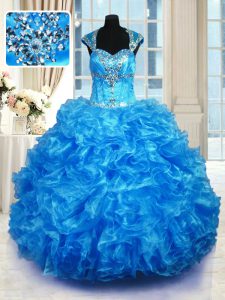 Straps Cap Sleeves Organza Quinceanera Dress Beading and Ruffles Lace Up