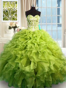 Stylish Sweetheart Sleeveless 15th Birthday Dress Floor Length Beading and Ruffles Olive Green Organza