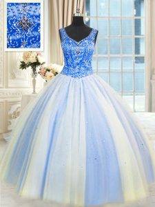 Floor Length Lace Up Vestidos de Quinceanera Blue And White for Military Ball and Sweet 16 and Quinceanera with Beading 
