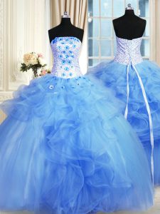 Blue Sleeveless Floor Length Pick Ups and Hand Made Flower Lace Up Quince Ball Gowns