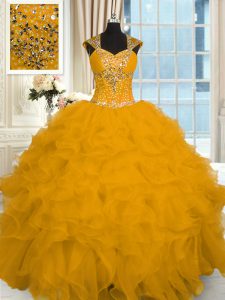 Cap Sleeves Organza Floor Length Lace Up Quinceanera Gown in Gold with Beading and Ruffles