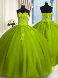 Floor Length Lace Up 15th Birthday Dress Olive Green for Military Ball and Sweet 16 and Quinceanera with Embroidery