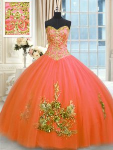Hot Sale Tulle Sweetheart Sleeveless Lace Up Beading and Appliques and Embroidery Quinceanera Dresses in Orange Red
