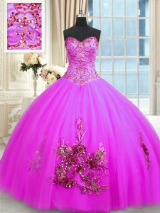 Sweetheart Sleeveless Tulle Quince Ball Gowns Beading and Appliques and Embroidery Lace Up