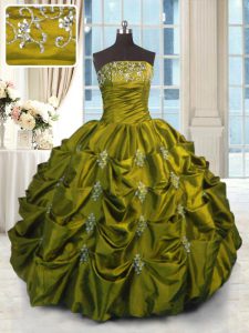 Flare Taffeta Sleeveless Floor Length Ball Gown Prom Dress and Beading and Appliques and Embroidery and Pick Ups