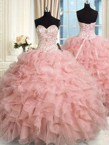 Romantic Baby Pink Organza Lace Up Quince Ball Gowns Sleeveless Floor Length Beading and Ruffles