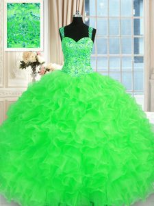 Customized Sleeveless Organza Floor Length Lace Up Sweet 16 Quinceanera Dress in with Beading and Embroidery and Ruffles