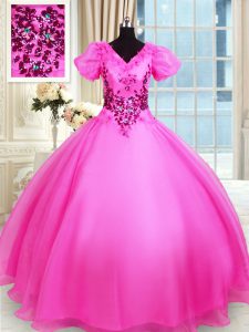 Sweet V-neck Short Sleeves Lace Up 15th Birthday Dress Hot Pink Organza