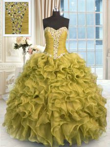 Sleeveless Organza Floor Length Lace Up Sweet 16 Quinceanera Dress in Brown with Beading and Ruffles