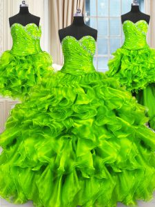 Admirable Four Piece Sleeveless Lace Up Floor Length Beading and Ruffles and Ruching Quinceanera Gown