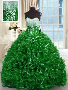 Luxurious Sweetheart Sleeveless Brush Train Lace Up Quinceanera Dress Green Organza