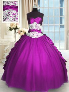 Best Selling Pick Ups Eggplant Purple Sleeveless Taffeta and Tulle Lace Up Quinceanera Gowns for Military Ball and Sweet