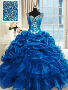 Floor Length Blue Vestidos de Quinceanera Organza Sleeveless Beading and Ruffles