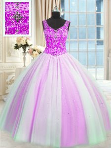 Eye-catching Multi-color V-neck Lace Up Beading and Sequins Quince Ball Gowns Sleeveless
