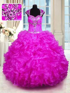 Eye-catching Fuchsia Ball Gowns Beading and Ruffles 15th Birthday Dress Lace Up Organza Cap Sleeves Floor Length