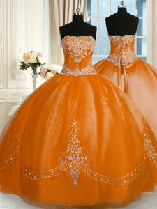 Sleeveless Floor Length Beading and Embroidery Lace Up Quinceanera Dress with Rust Red