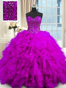 Purple Lace Up Sweetheart Beading and Ruffles and Sequins Quinceanera Gowns Organza Sleeveless