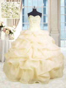 Modest Champagne Lace Up Sweetheart Beading and Ruffles Sweet 16 Quinceanera Dress Organza Sleeveless