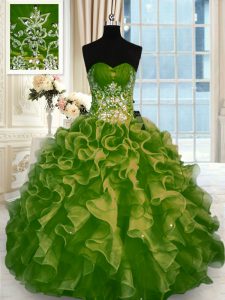Extravagant Sleeveless Organza Floor Length Lace Up Quinceanera Gowns in Olive Green with Beading and Ruffles