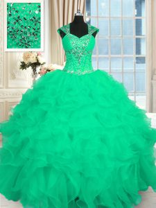 Elegant Organza Straps Cap Sleeves Lace Up Beading and Ruffles and Pattern 15th Birthday Dress in Turquoise