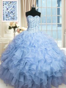 Exquisite Sequins Light Blue Sleeveless Organza Lace Up Quinceanera Gown for Military Ball and Sweet 16 and Quinceanera