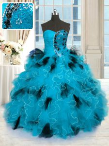 Admirable Blue And Black Tulle Lace Up Quinceanera Dress Sleeveless Floor Length Beading and Ruffles