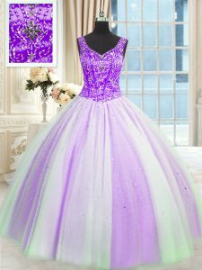 Sequins V-neck Sleeveless Lace Up Quinceanera Gown White And Purple Tulle