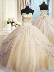 Adorable Champagne Lace Up Sweetheart Beading and Appliques 15th Birthday Dress Tulle Sleeveless Court Train