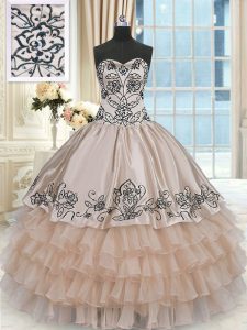 Dazzling Beading and Embroidery and Ruffled Layers Quince Ball Gowns Champagne Lace Up Sleeveless Floor Length