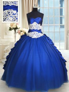 Royal Blue Sleeveless Floor Length Beading and Lace and Appliques and Ruffles and Pick Ups Lace Up Ball Gown Prom Dress