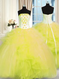 Yellow Green Sleeveless Floor Length Beading and Ruffles Lace Up Sweet 16 Dresses