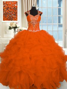 Wonderful Floor Length Ball Gowns Cap Sleeves Orange Red Quinceanera Gown Lace Up