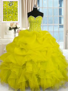 Custom Designed Floor Length Yellow 15th Birthday Dress Sweetheart Sleeveless Lace Up