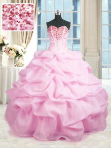 Pink Lace Up Sweetheart Beading and Ruffles Quinceanera Gowns Organza Sleeveless