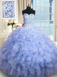 Lavender Ball Gowns Organza Sweetheart Sleeveless Beading and Ruffles Floor Length Lace Up Quinceanera Dress