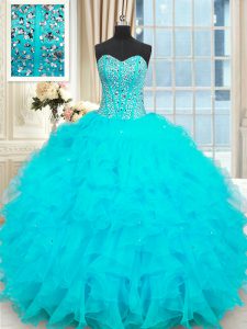 Baby Blue Organza Lace Up Sweet 16 Quinceanera Dress Sleeveless Floor Length Beading and Ruffles