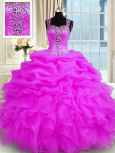 High Quality Fuchsia Sleeveless Beading and Ruffles Floor Length Ball Gown Prom Dress