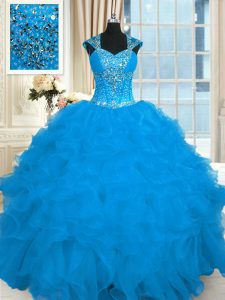 Ball Gowns Ball Gown Prom Dress Aqua Blue Straps Organza Cap Sleeves Floor Length Lace Up