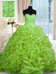 Most Popular Sleeveless Sweep Train Lace Up With Train Beading and Pick Ups Vestidos de Quinceanera