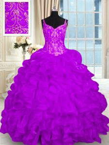 Flare Purple Sleeveless Organza Brush Train Lace Up Vestidos de Quinceanera for Military Ball and Sweet 16 and Quinceane