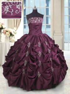 Pick Ups Ball Gowns Quinceanera Dresses Burgundy Strapless Taffeta Sleeveless Floor Length Lace Up