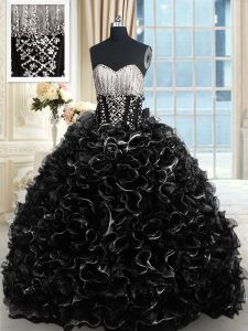 Black Organza Lace Up Sweetheart Sleeveless With Train Quinceanera Dresses Brush Train Beading and Ruffles