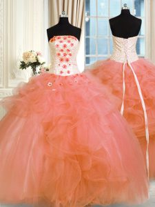 Designer Floor Length Lace Up Quinceanera Dress Orange for Military Ball and Sweet 16 and Quinceanera with Pick Ups and 