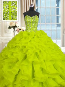 Exquisite Yellow Green Organza Lace Up Sweet 16 Dresses Sleeveless With Brush Train Beading and Ruffles