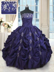 Modest Dark Purple Quinceanera Gown Military Ball and Sweet 16 and Quinceanera and For with Beading and Appliques and Em