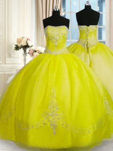 Super Organza Strapless Sleeveless Lace Up Beading and Embroidery 15th Birthday Dress in Yellow Green